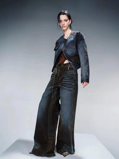 Flocked Denim Jacket With Faded Contrast Magnetic Closure
