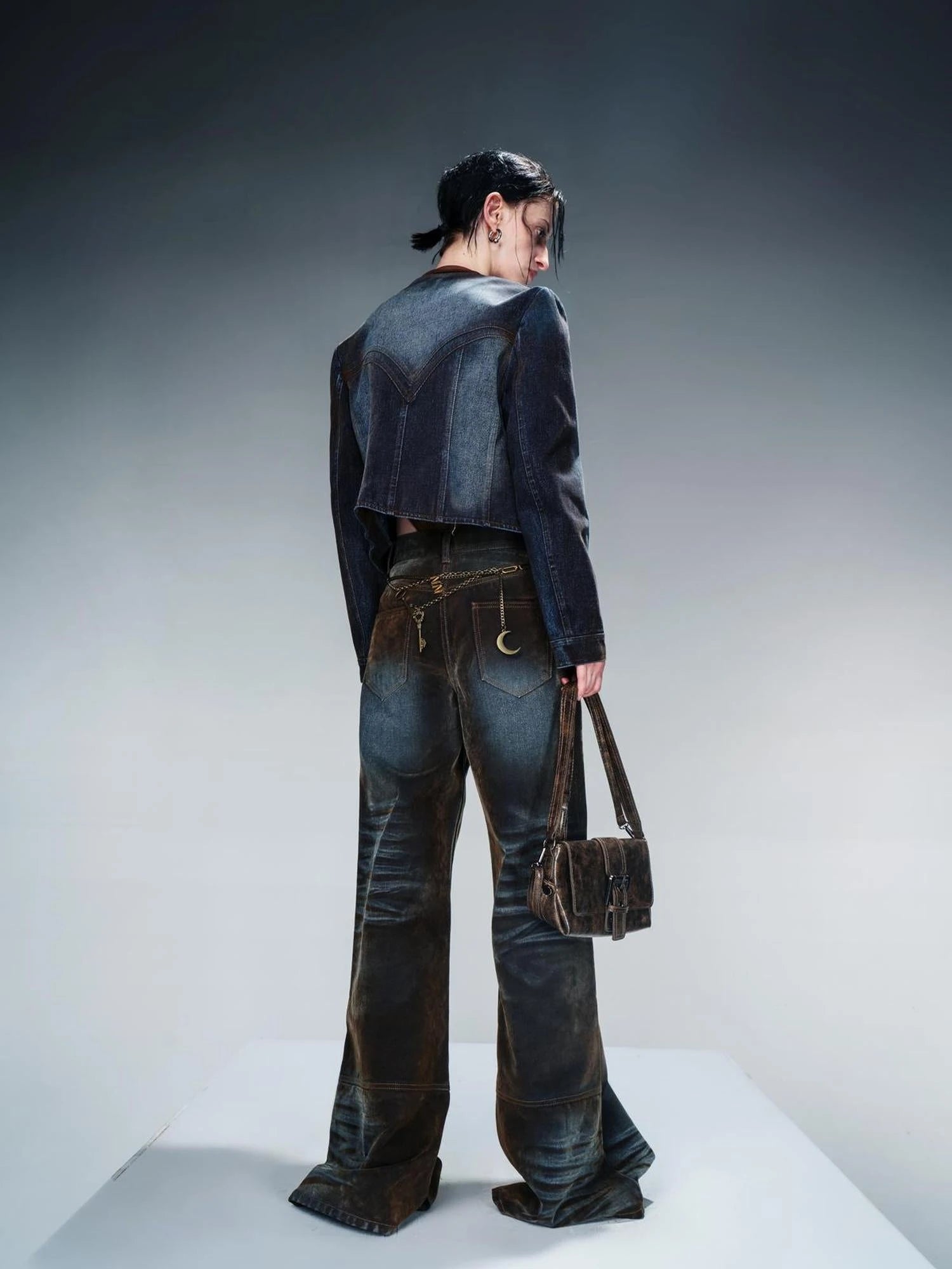 Flocked Denim Jacket With Faded Contrast Magnetic Closure