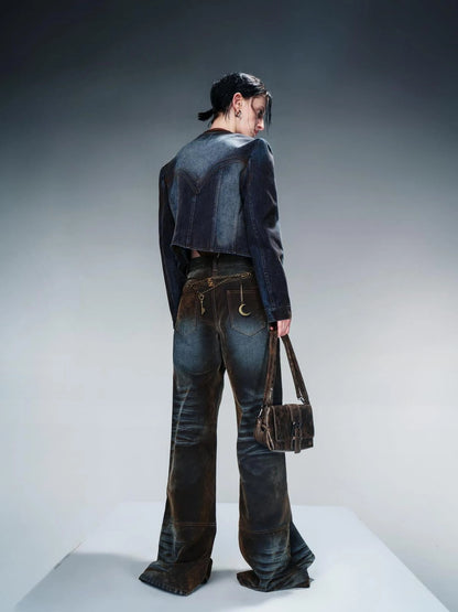 Flocked Denim Jacket With Faded Contrast Magnetic Closure