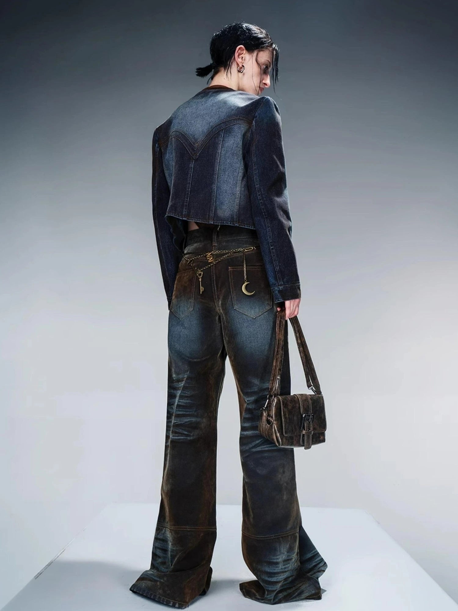 Flocked Denim Jacket With Faded Contrast Magnetic Closure