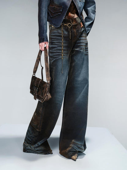 NN NORTH NODE Flocked Fading Wide Leg Jeans With Metallic Accents