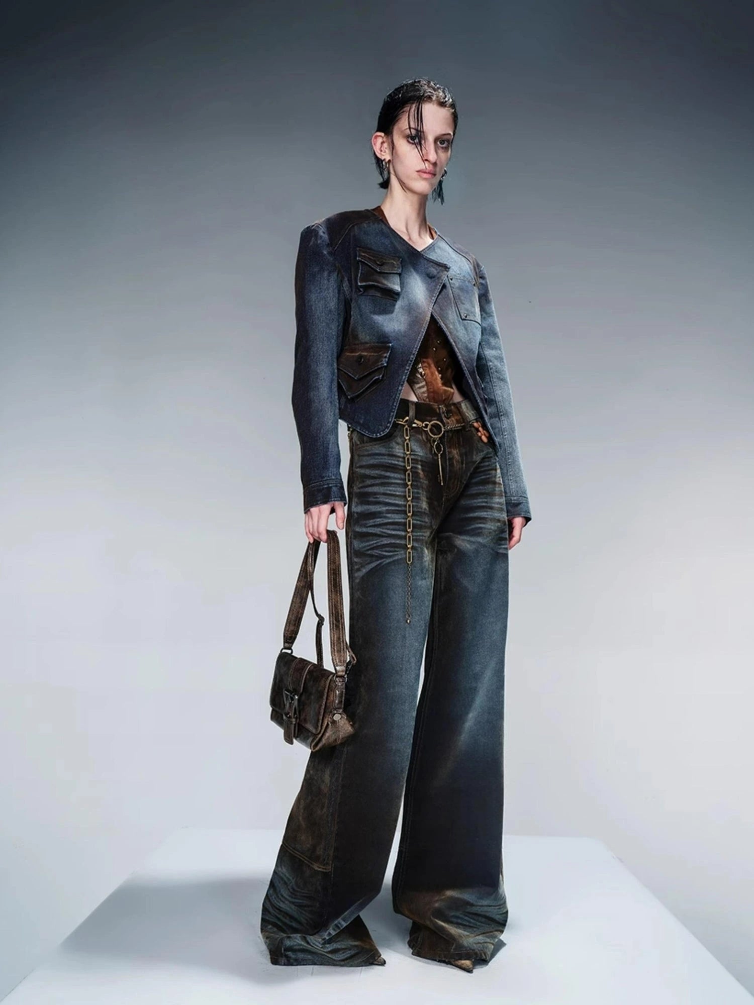 Flocked Fading Wide Leg Jeans With Metallic Accents