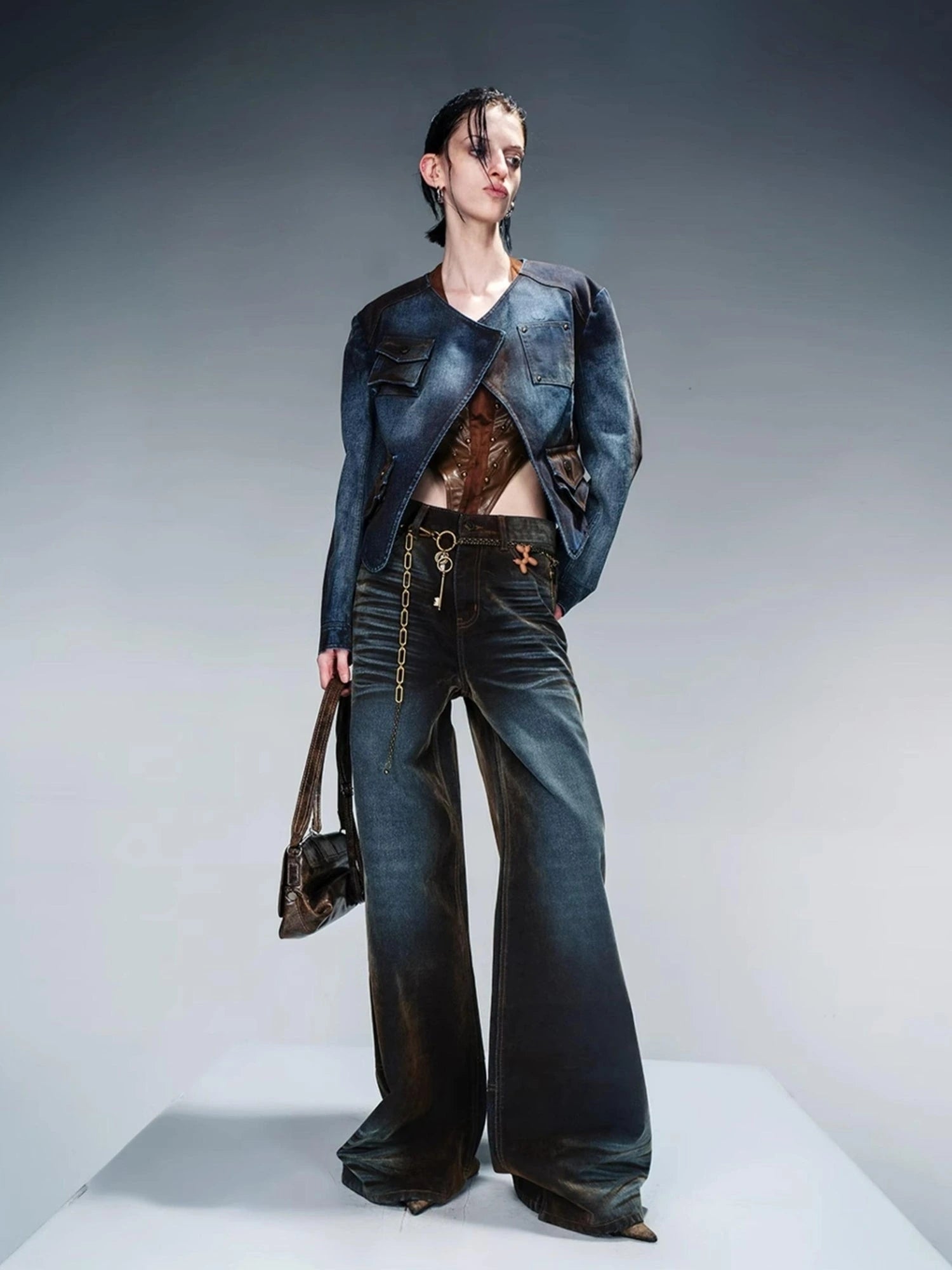 Flocked Fading Wide Leg Jeans With Metallic Accents