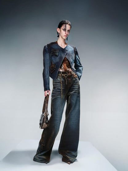 NN NORTH NODE Flocked Fading Wide Leg Jeans With Metallic Accents