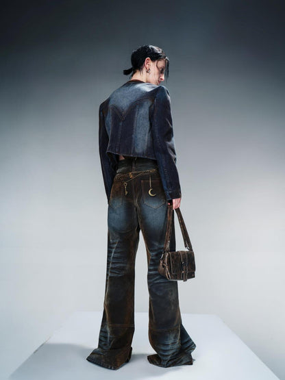NN NORTH NODE Flocked Fading Wide Leg Jeans With Metallic Accents