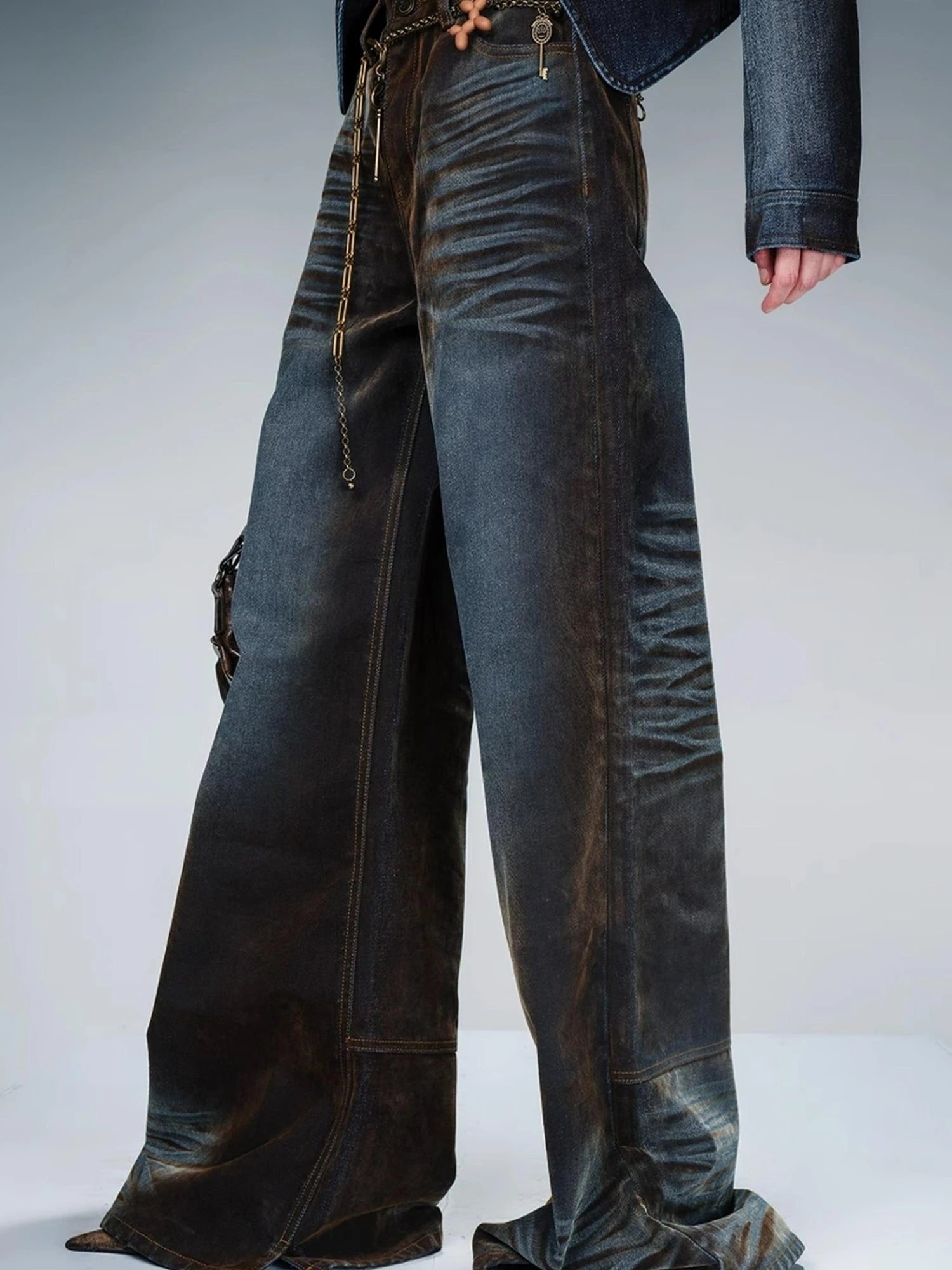 Flocked Fading Wide Leg Jeans With Metallic Accents