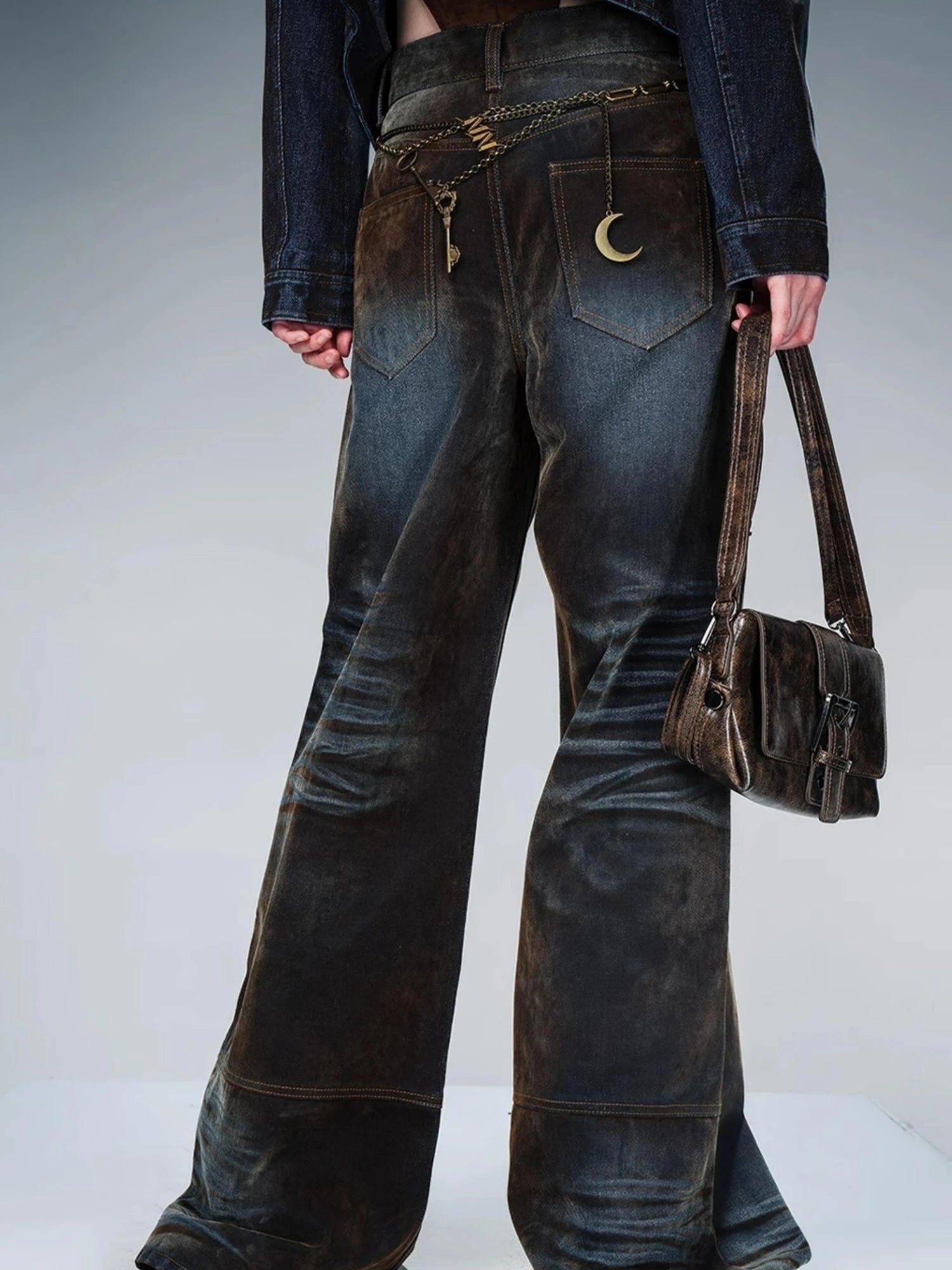 Flocked Fading Wide Leg Jeans With Metallic Accents