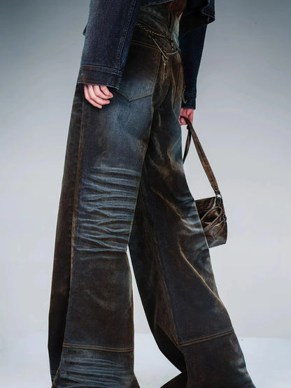 Flocked Fading Wide Leg Jeans With Metallic Accents