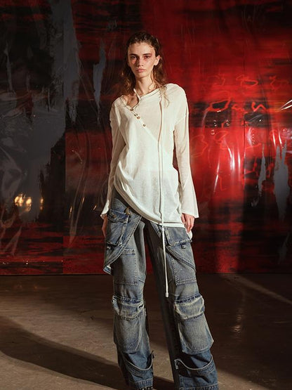 UpdateNN NORTH NODE Flocked Mesh Top With Multi Way Wear Colorful Details V-neck T-shirt Long Sleeve