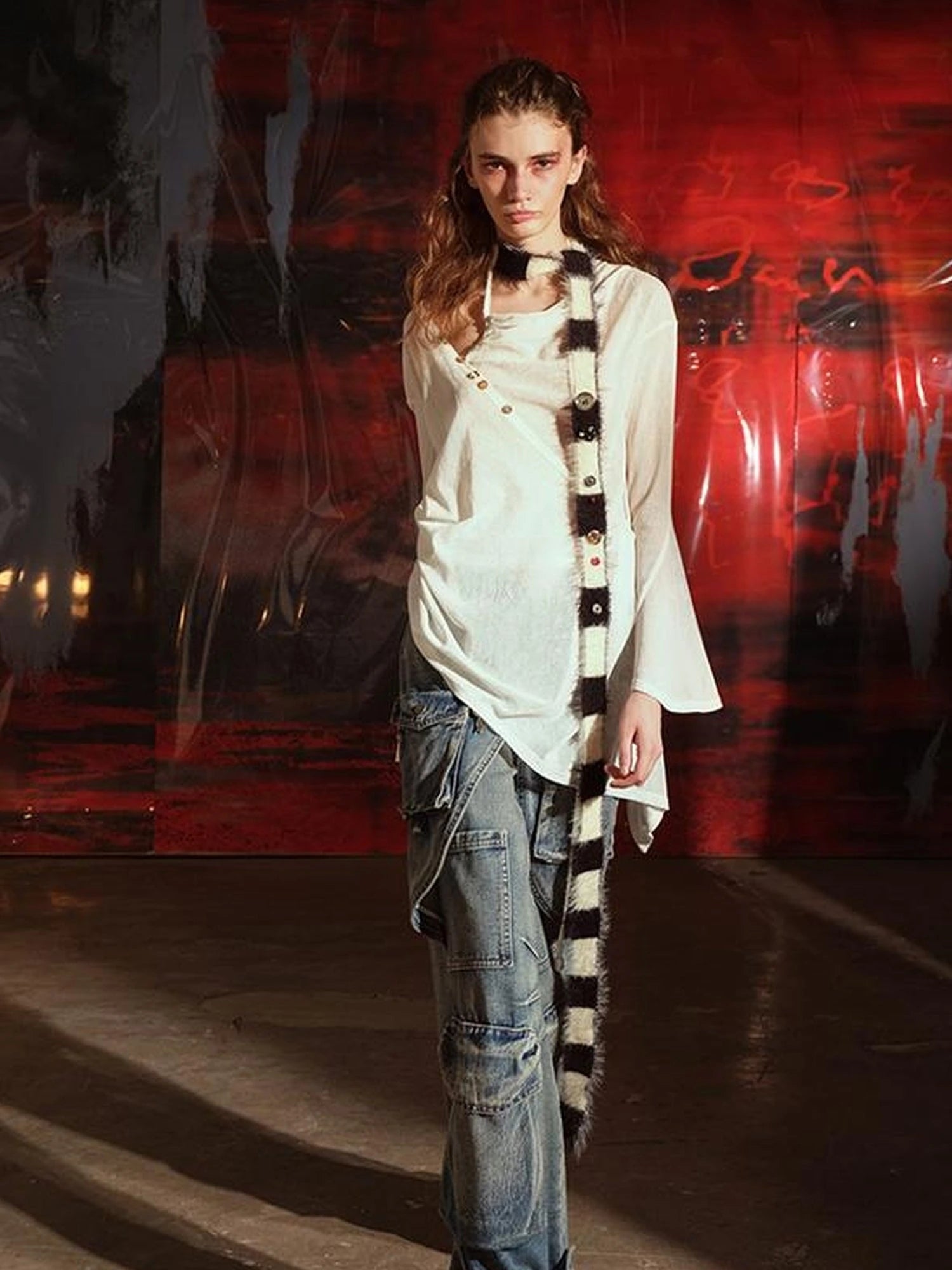 Flocked Mesh Top With Multi Way Wear Colorful Details V-neck T-shirt Long Sleeve