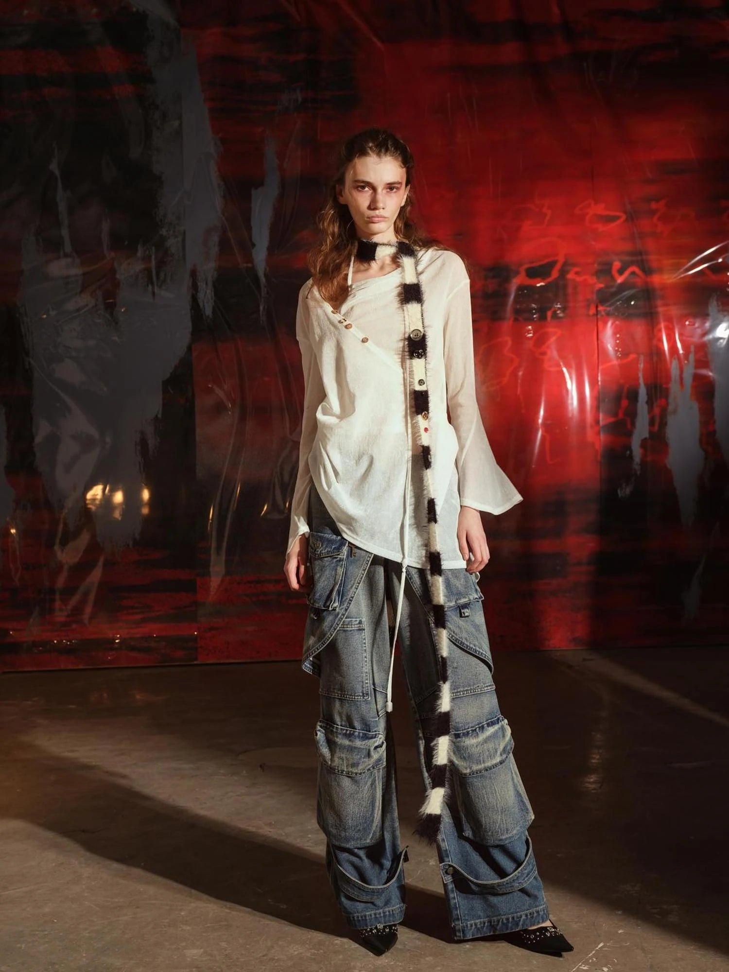 Flocked Mesh Top With Multi Way Wear Colorful Details V-neck T-shirt Long Sleeve