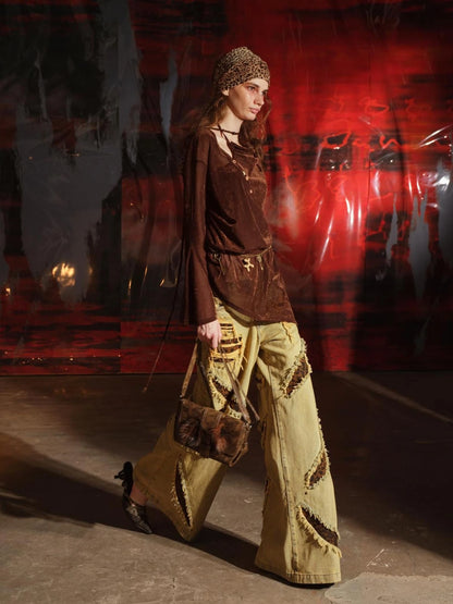 Flocked Mesh Top With Multi Way Wear Colorful Details V-neck T-shirt Long Sleeve