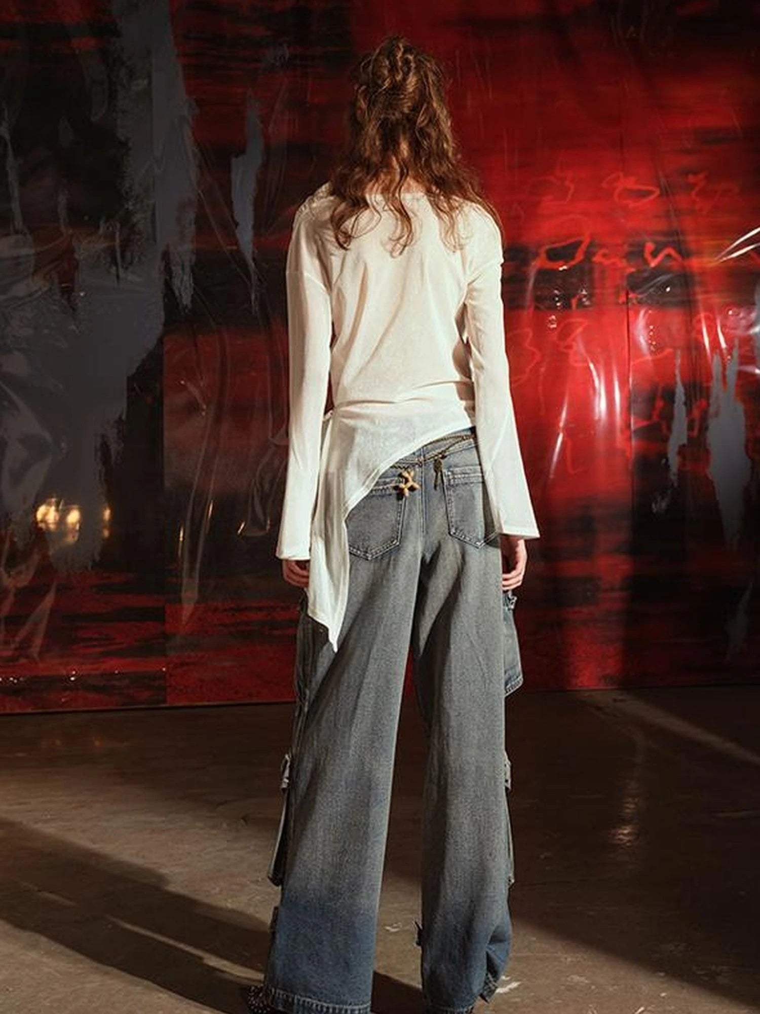 Flocked Mesh Top With Multi Way Wear Colorful Details V-neck T-shirt Long Sleeve