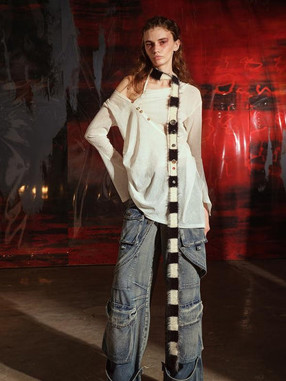UpdateNN NORTH NODE Flocked Mesh Top With Multi Way Wear Colorful Details V-neck T-shirt Long Sleeve