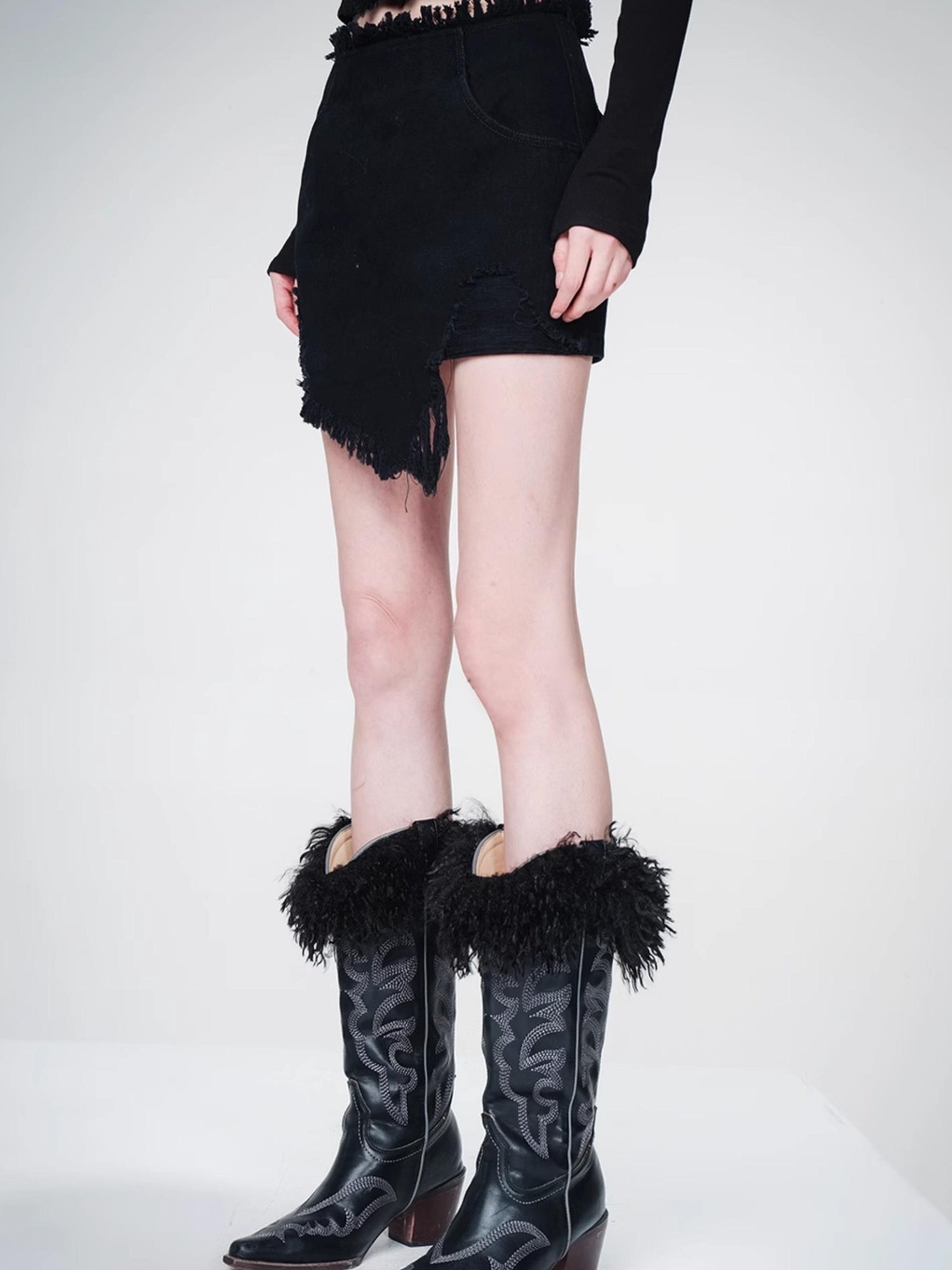 NN NORTH NODE Frayed Denim Asymmetrical Hem Skirt