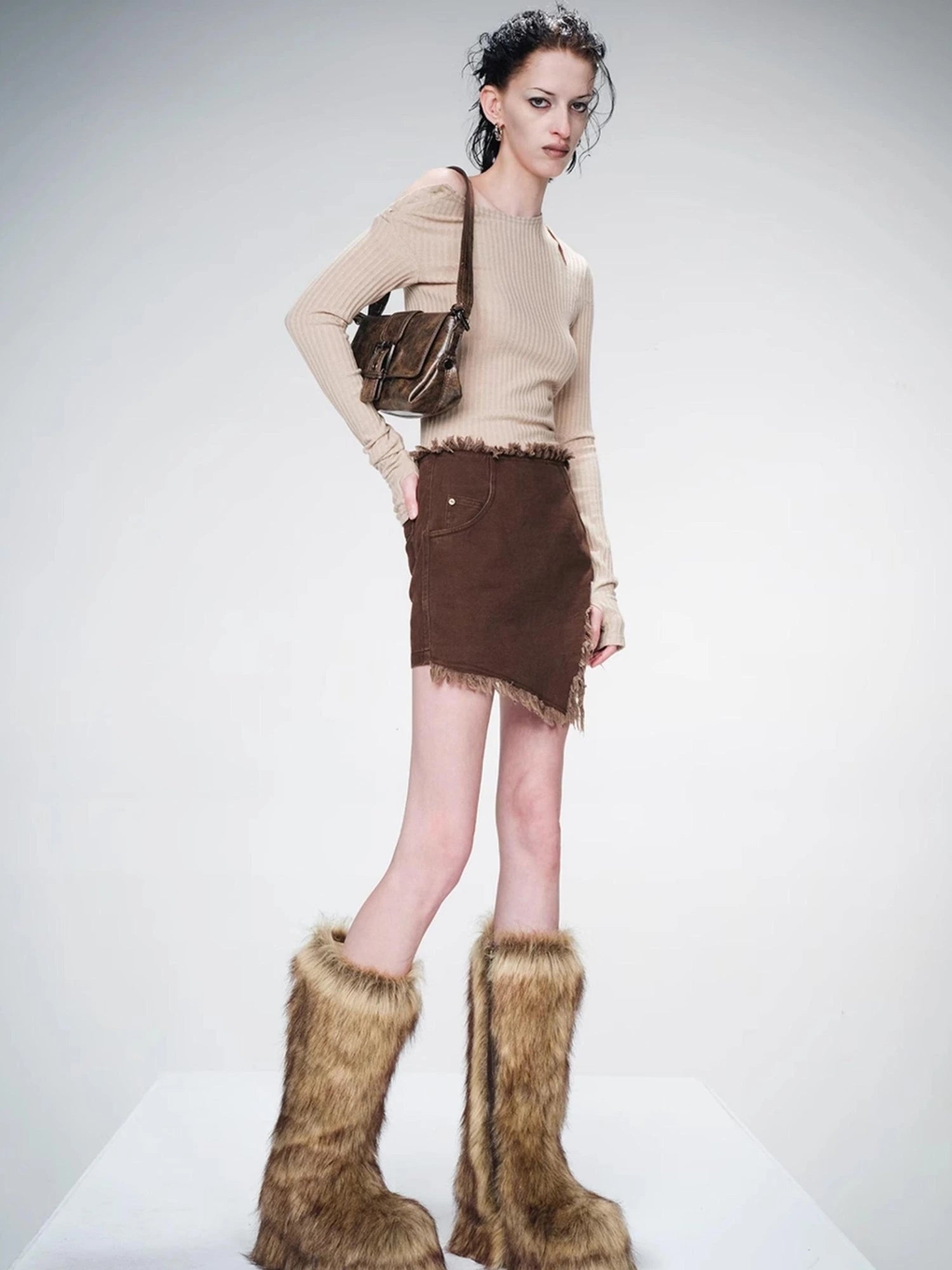 Frayed Denim Asymmetrical Hem Skirt