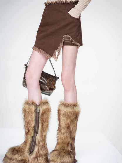 NN NORTH NODE Frayed Denim Asymmetrical Hem Skirt