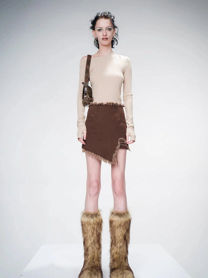 Frayed Denim Asymmetrical Hem Skirt