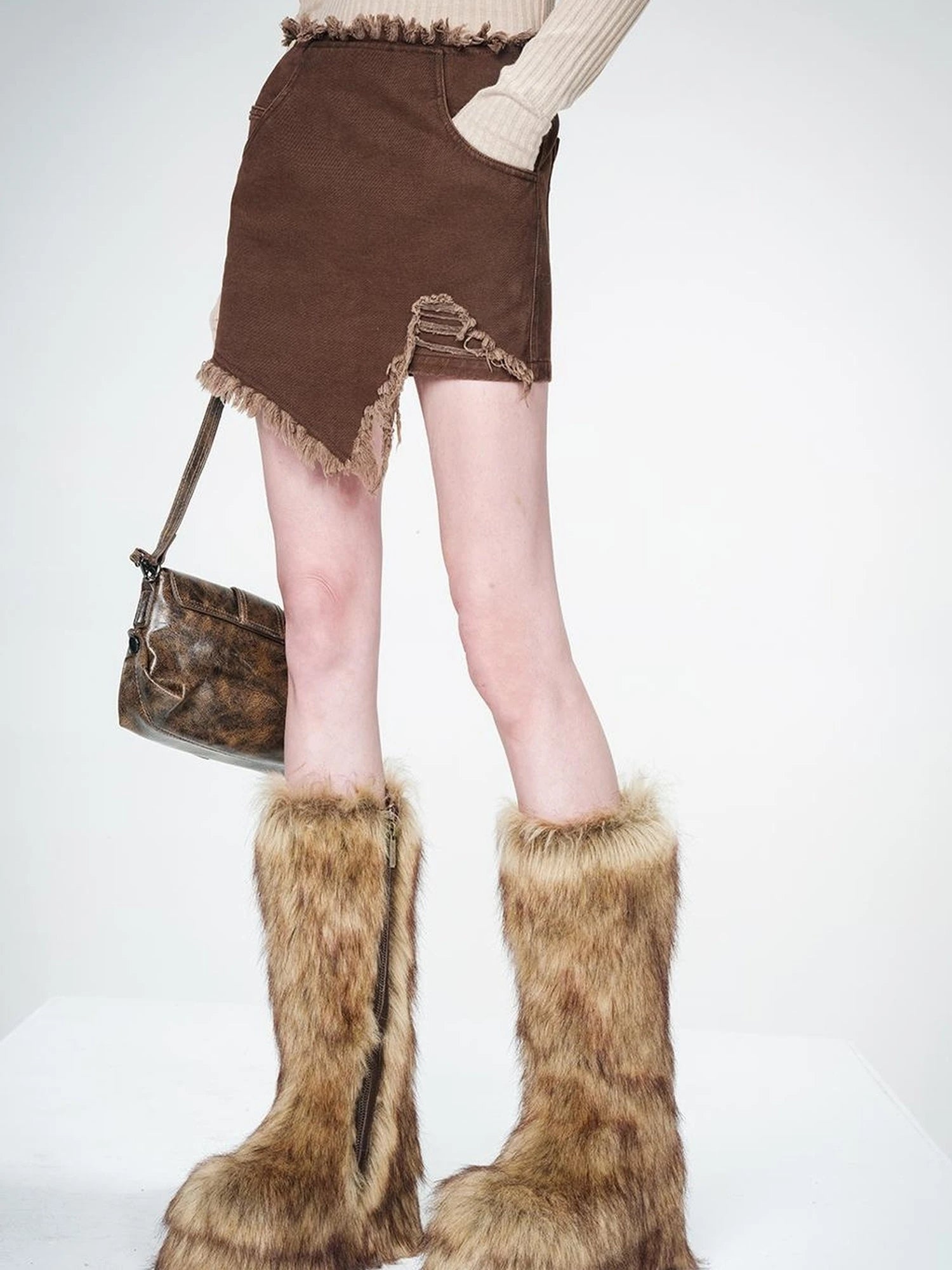 Frayed Denim Asymmetrical Hem Skirt