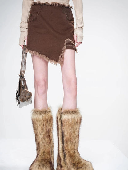 Frayed Denim Asymmetrical Hem Skirt