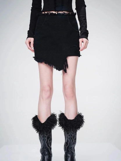 Frayed Denim Asymmetrical Hem Skirt