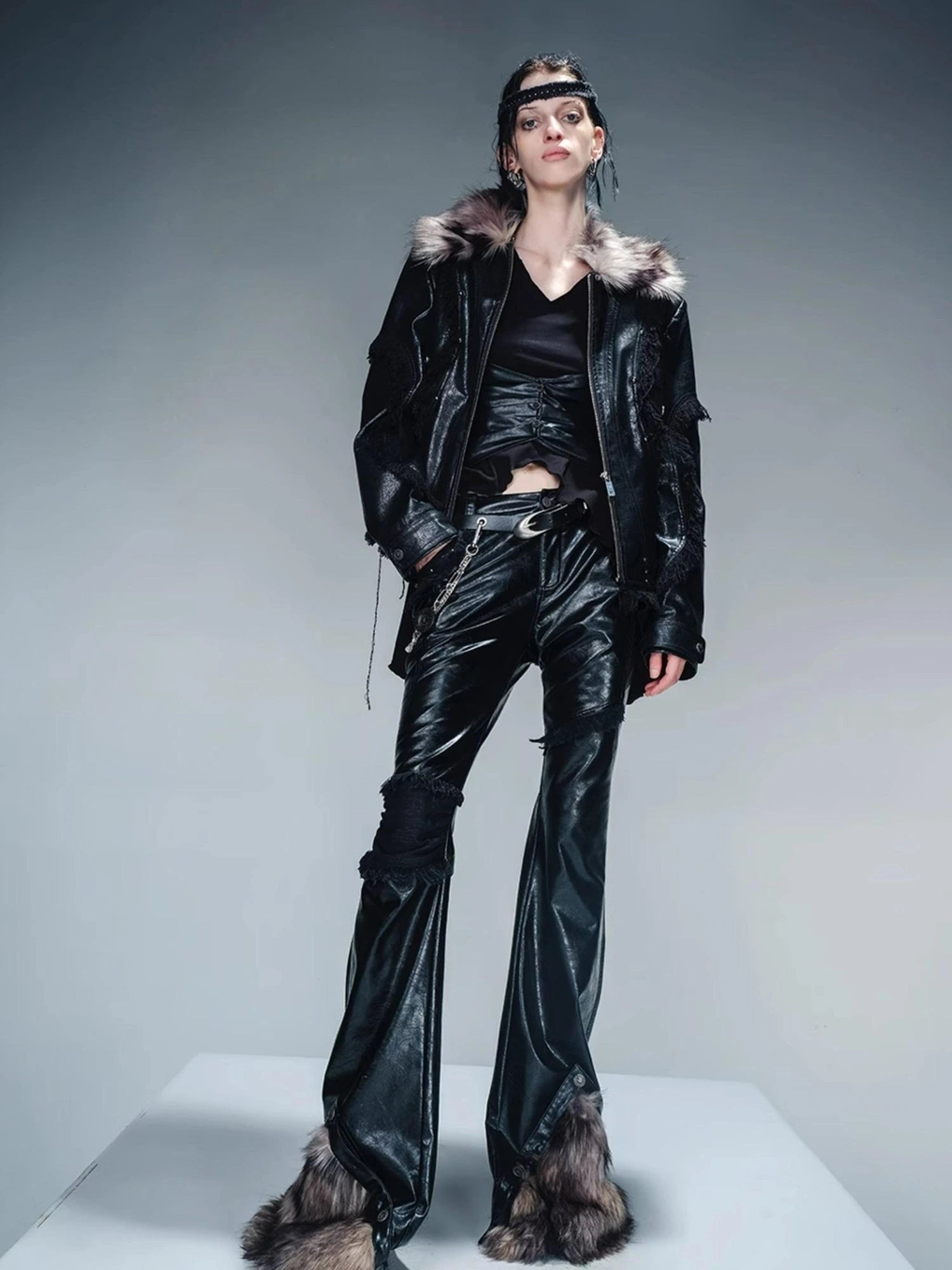Frayed Hem Flared Leather Pants with Detachable Fur Trim