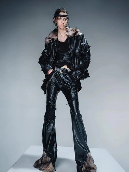 Frayed Hem Flared Leather Pants with Detachable Fur Trim
