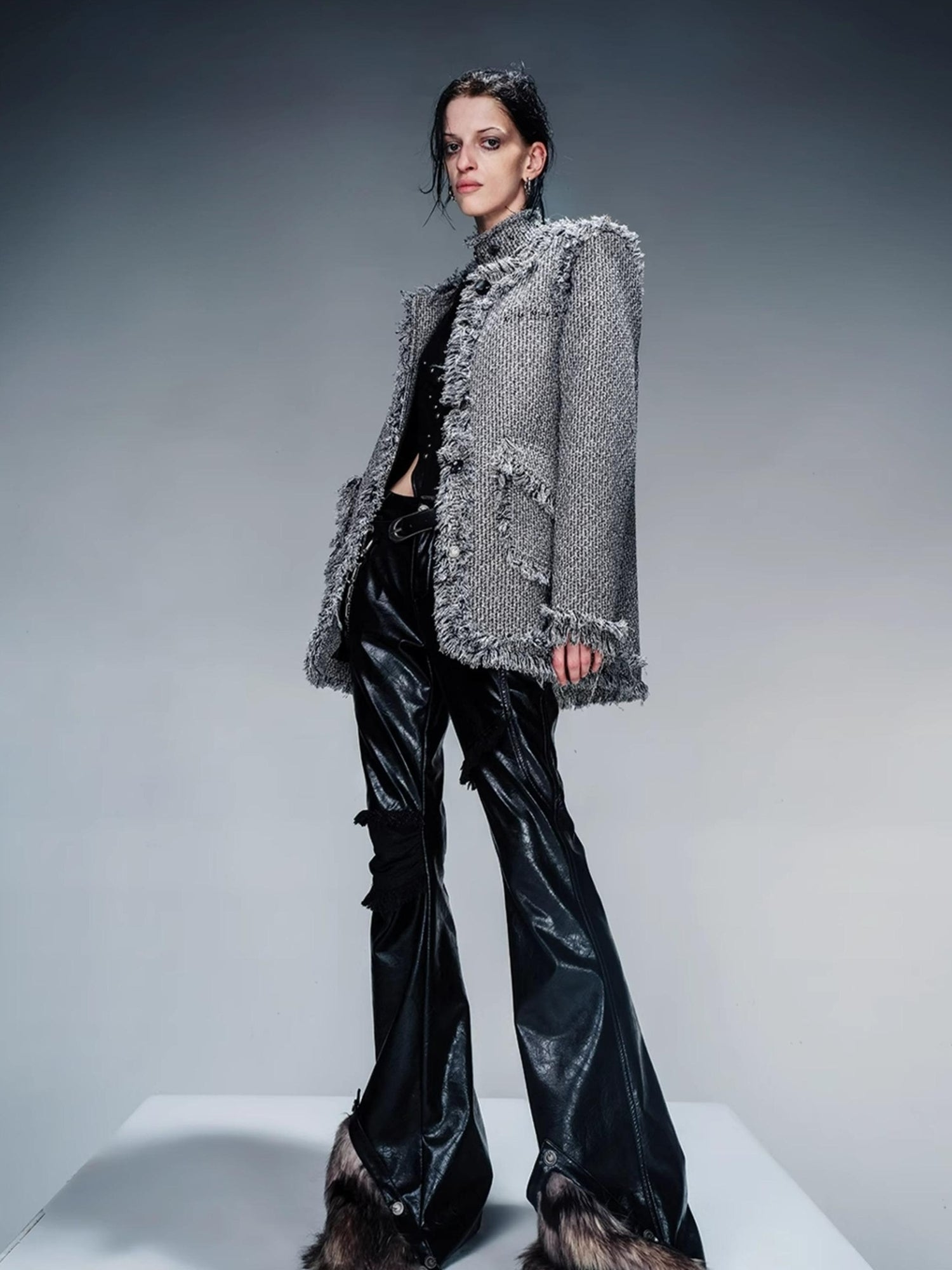 NN NORTH NODE Frayed Hem Flared Leather Pants with Detachable Fur Trim