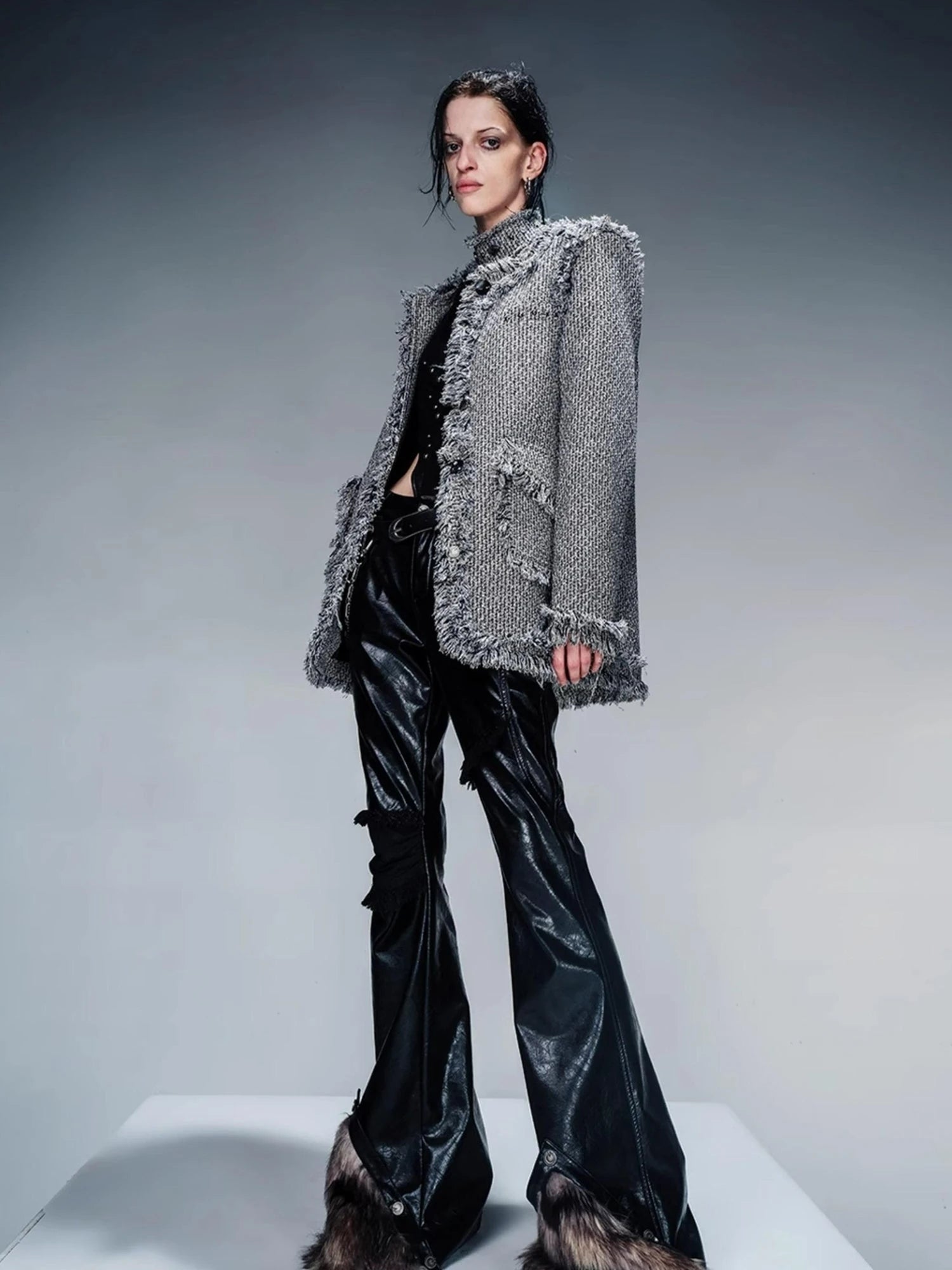 Frayed Hem Flared Leather Pants with Detachable Fur Trim