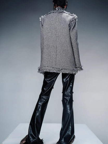 NN NORTH NODE Frayed Hem Flared Leather Pants with Detachable Fur Trim