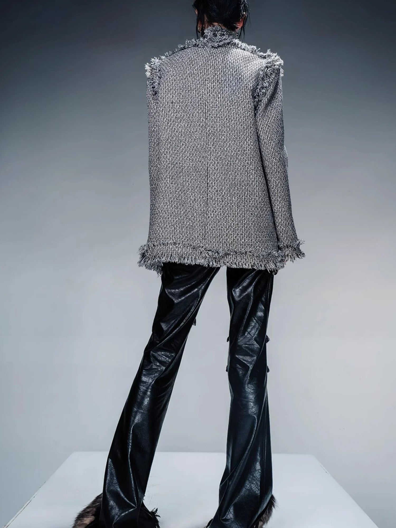 Frayed Hem Flared Leather Pants with Detachable Fur Trim