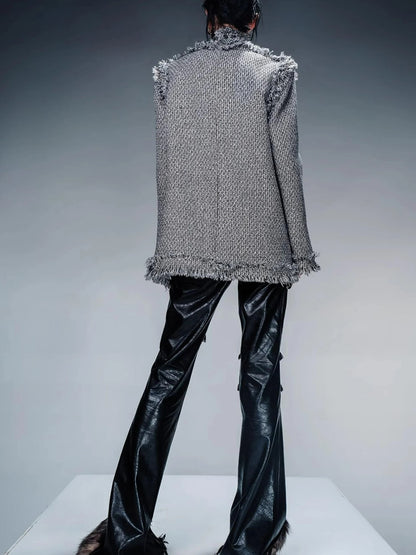 Frayed Hem Flared Leather Pants with Detachable Fur Trim
