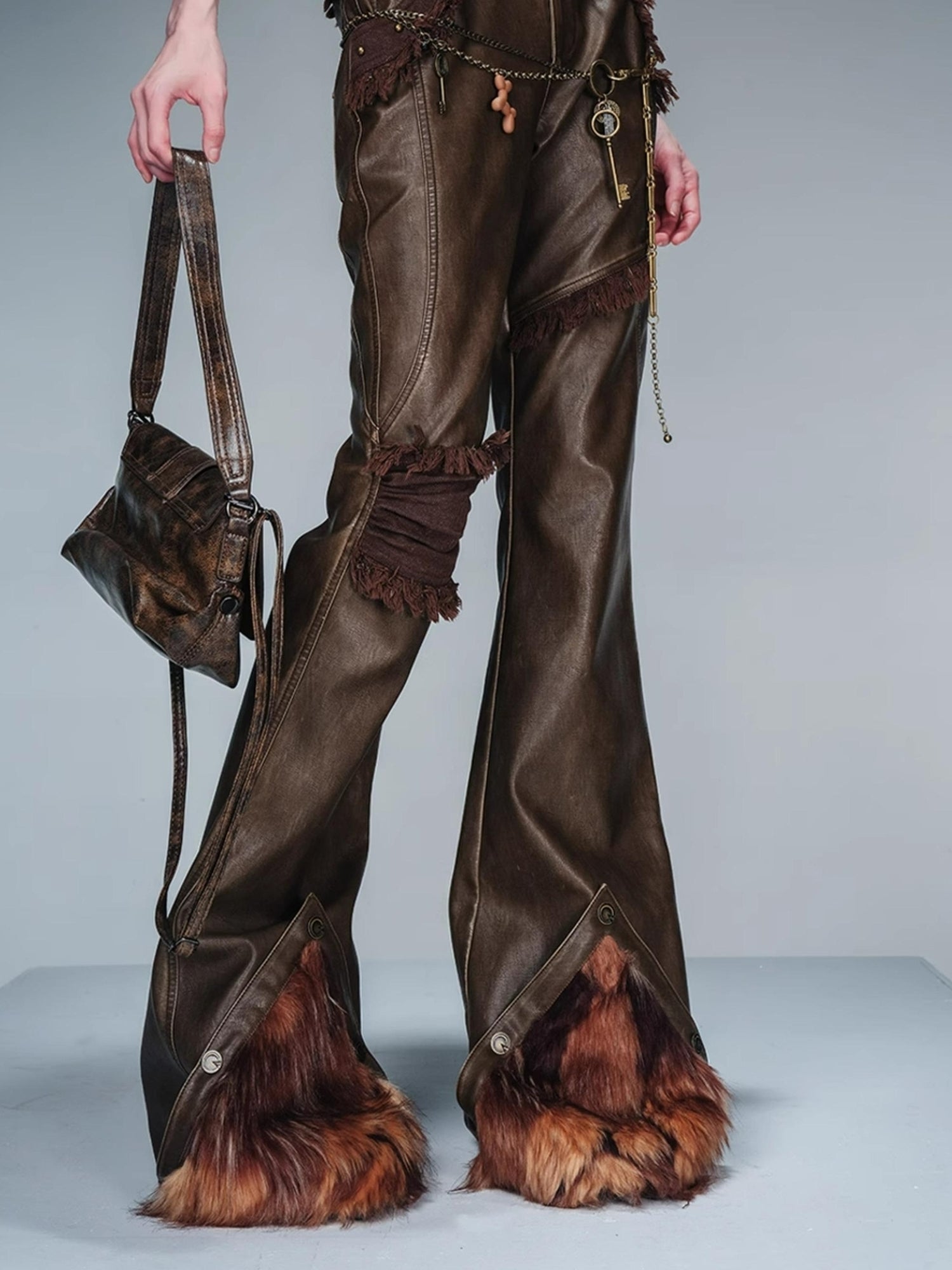 NN NORTH NODE Frayed Hem Flared Leather Pants with Detachable Fur Trim