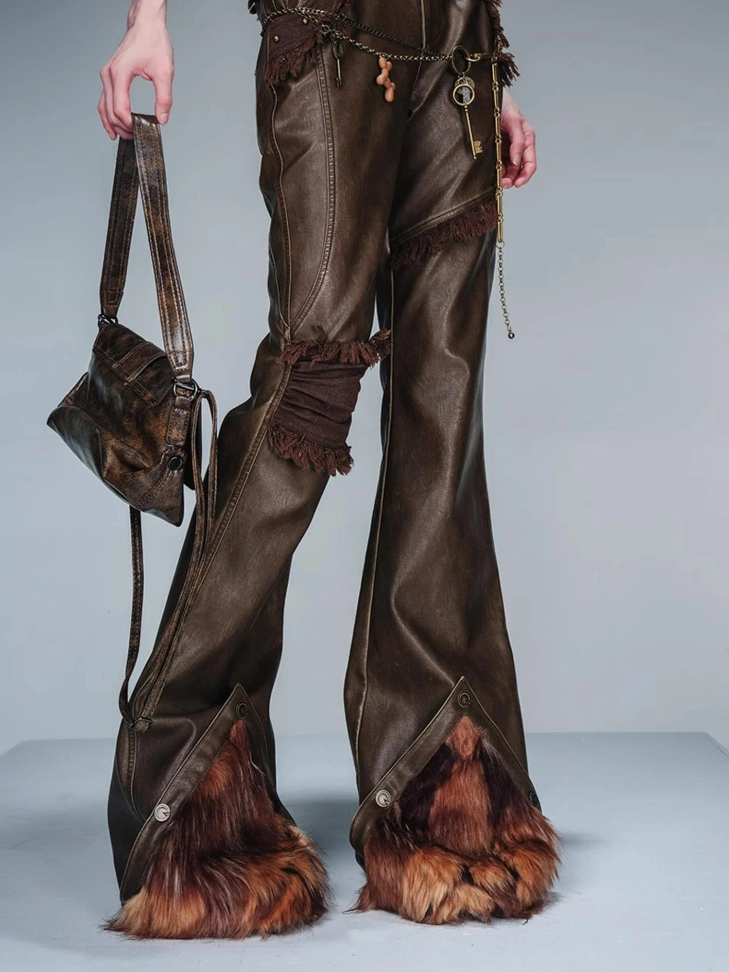 Frayed Hem Flared Leather Pants with Detachable Fur Trim