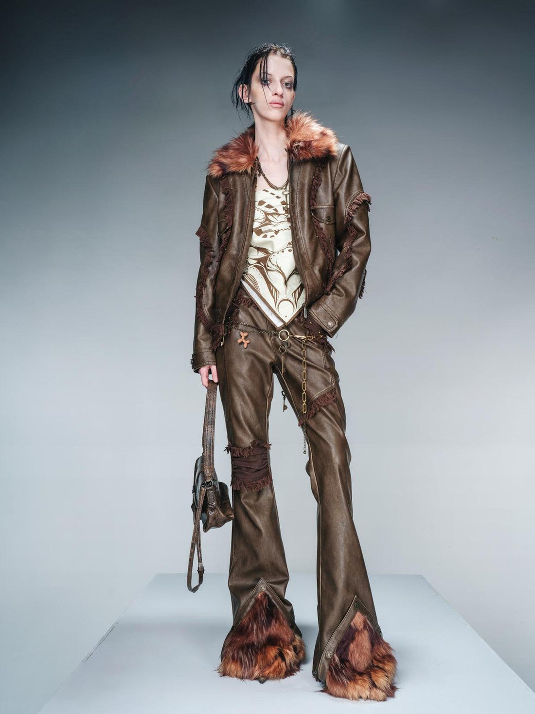 NN NORTH NODE Frayed Hem Flared Leather Pants with Detachable Fur Trim