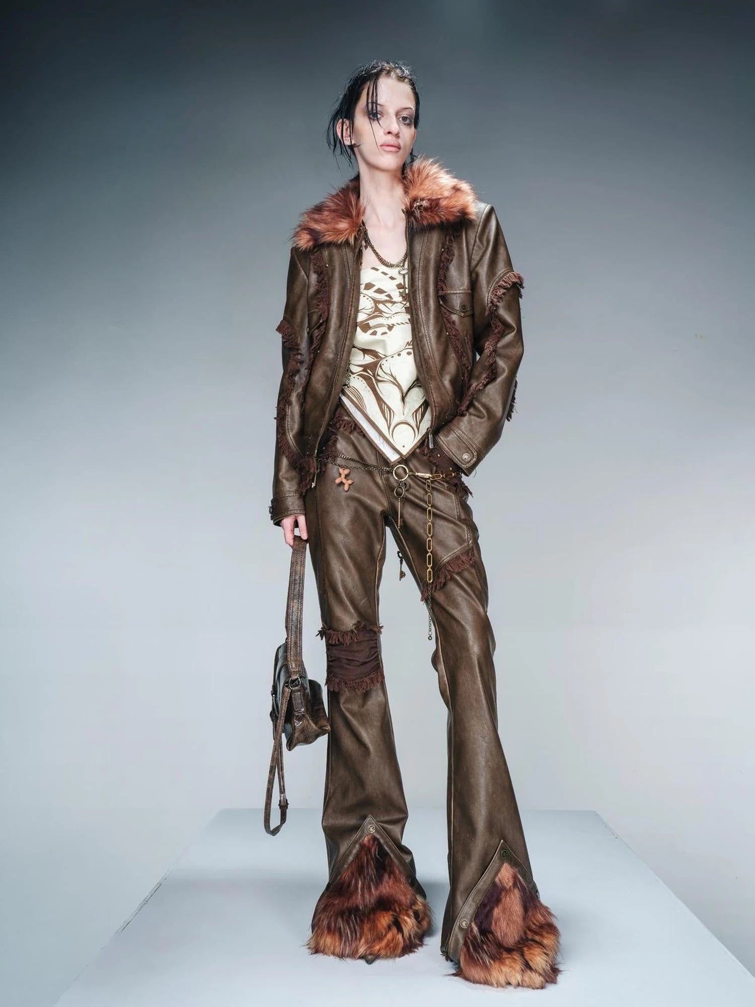 Frayed Hem Flared Leather Pants with Detachable Fur Trim