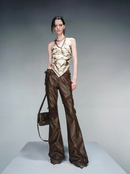 Frayed Hem Flared Leather Pants with Detachable Fur Trim