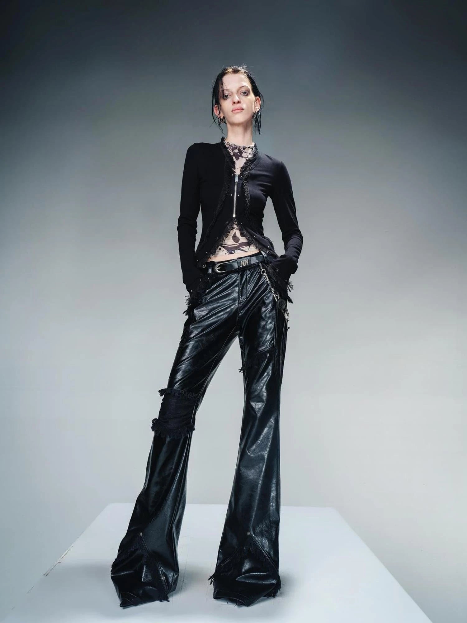 Frayed Hem Flared Leather Pants with Detachable Fur Trim