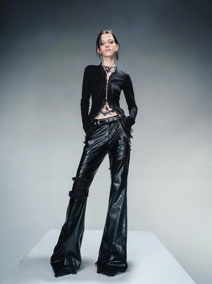 Frayed Hem Flared Leather Pants with Detachable Fur Trim