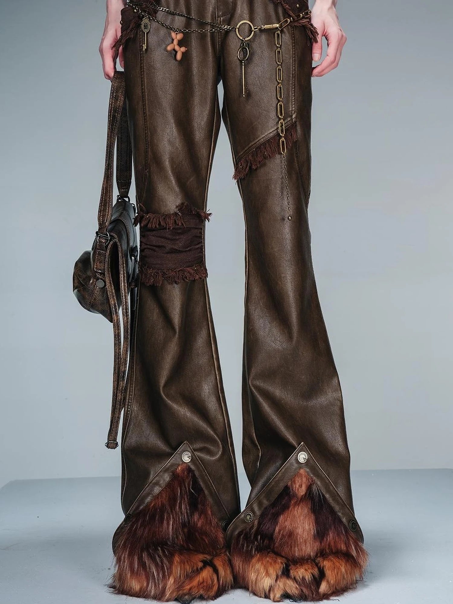 Frayed Hem Flared Leather Pants with Detachable Fur Trim