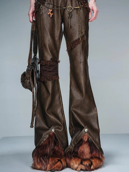 Frayed Hem Flared Leather Pants with Detachable Fur Trim