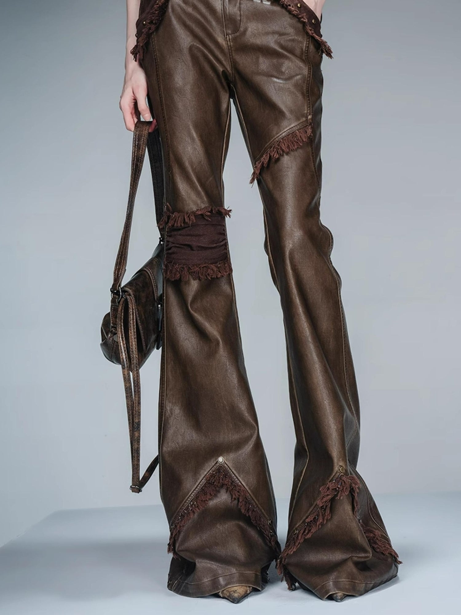 NN NORTH NODE Frayed Hem Flared Leather Pants with Detachable Fur Trim