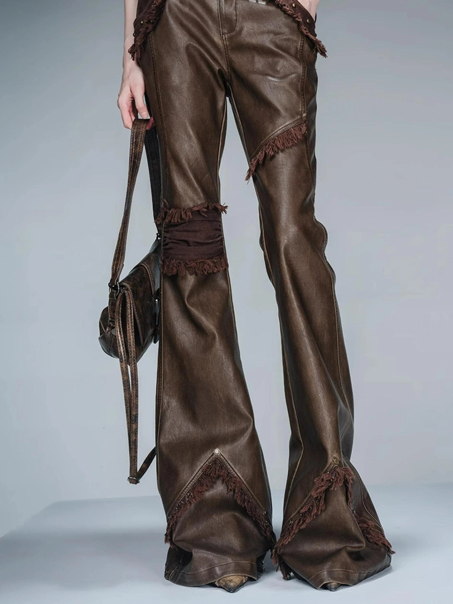 Frayed Hem Flared Leather Pants with Detachable Fur Trim