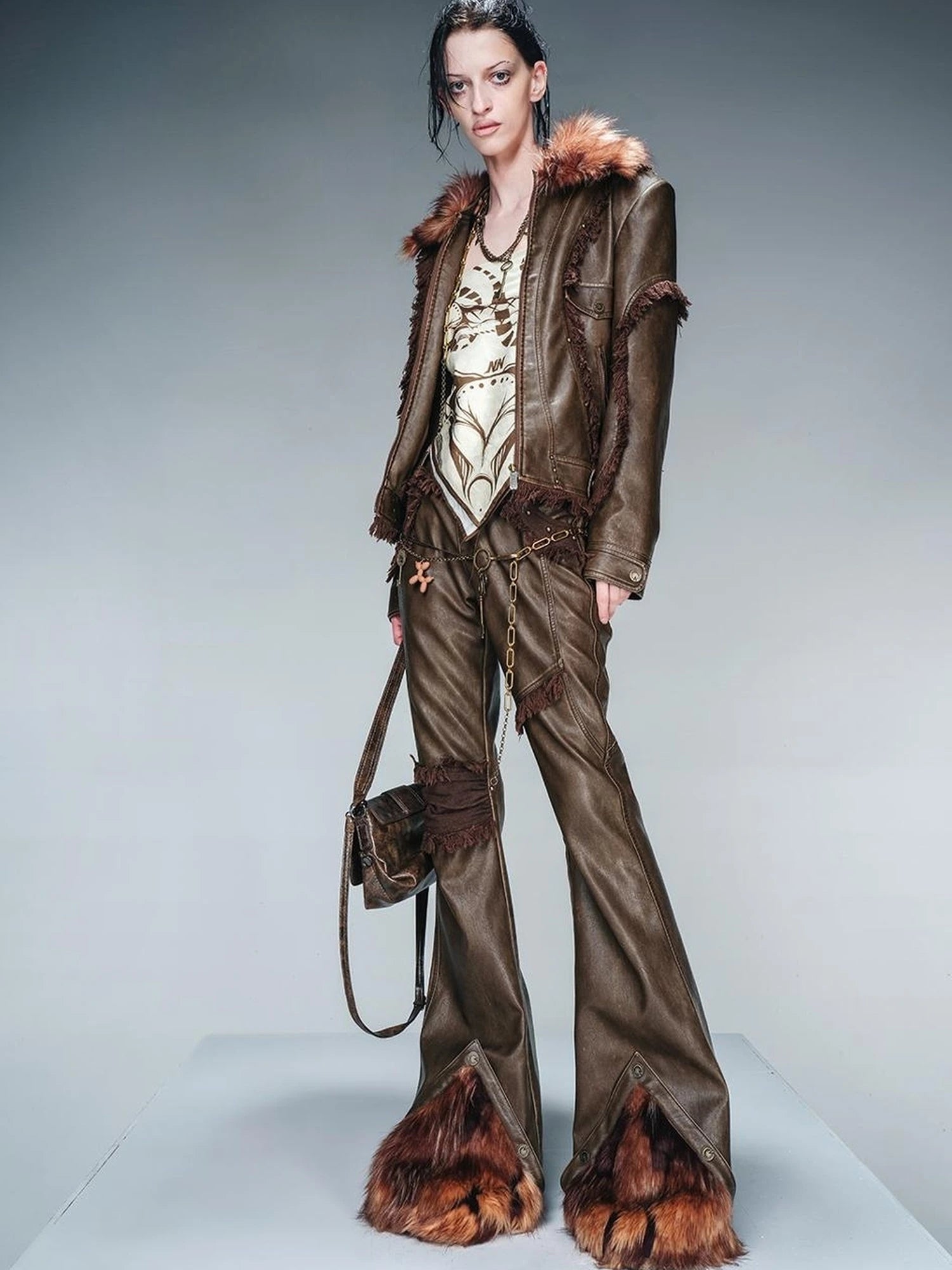 Frayed Hem Flared Leather Pants with Detachable Fur Trim