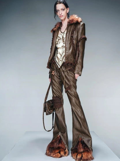 Frayed Hem Flared Leather Pants with Detachable Fur Trim