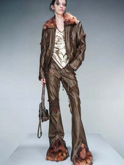 Frayed Hem Flared Leather Pants with Detachable Fur Trim