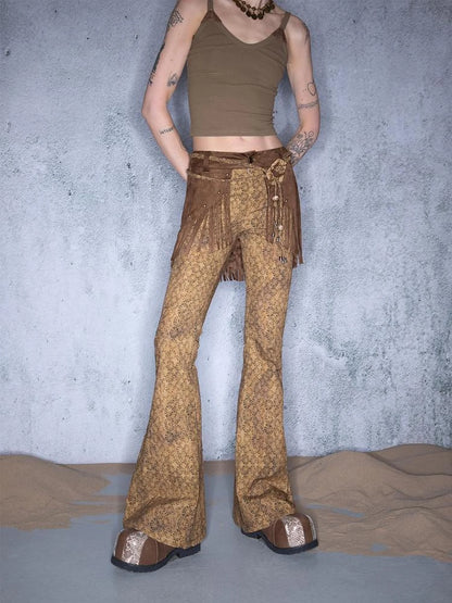 Fringed Bohemian Print Flared Trousers