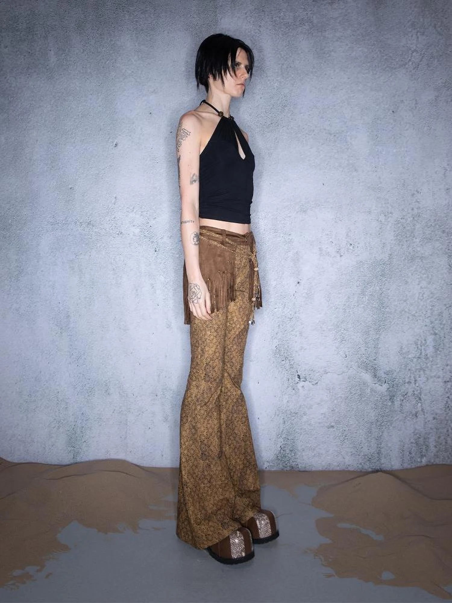 Fringed Bohemian Print Flared Trousers