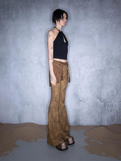 Fringed Bohemian Print Flared Trousers