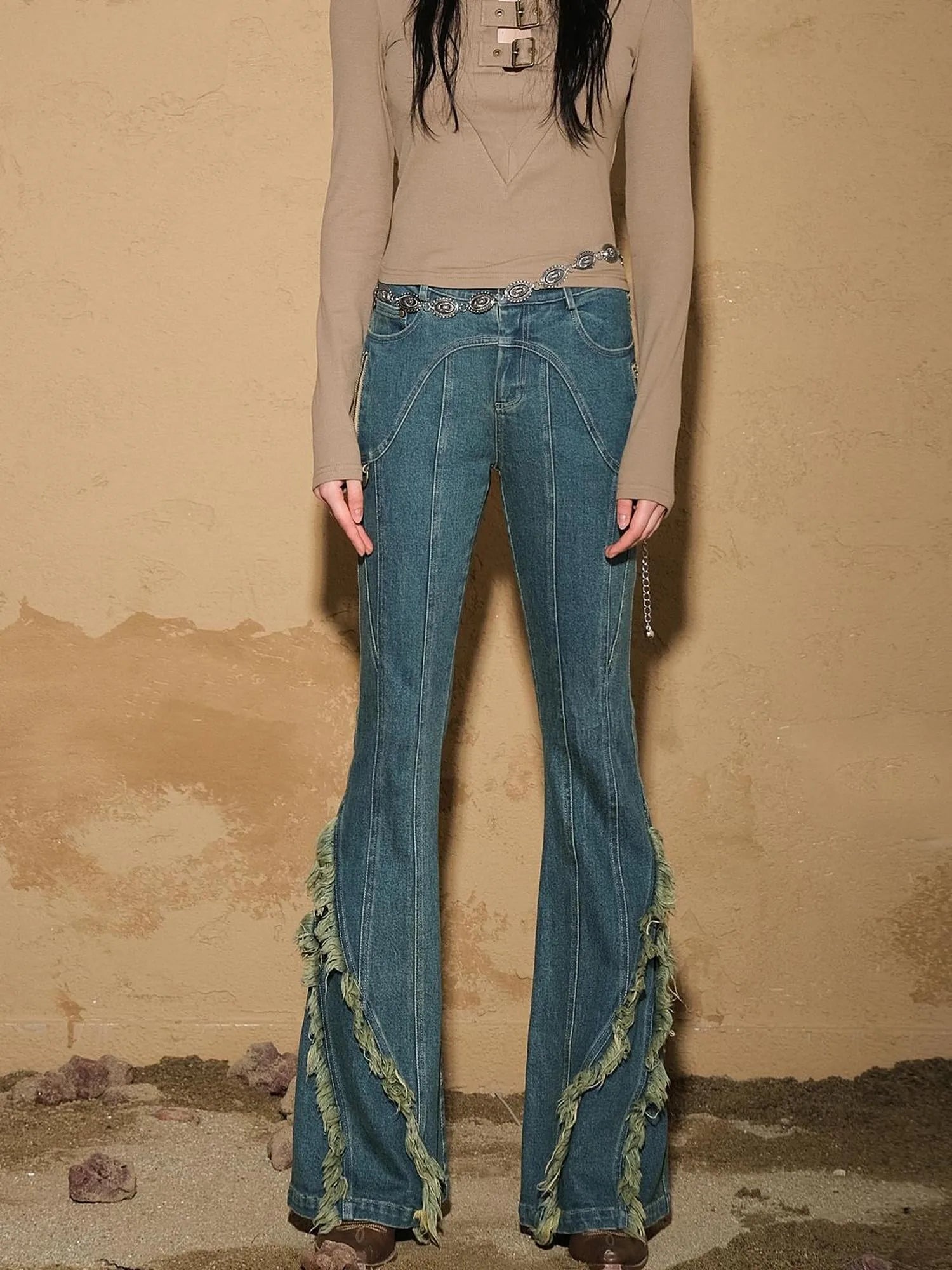 Fringed Hem Flared Denim Pants